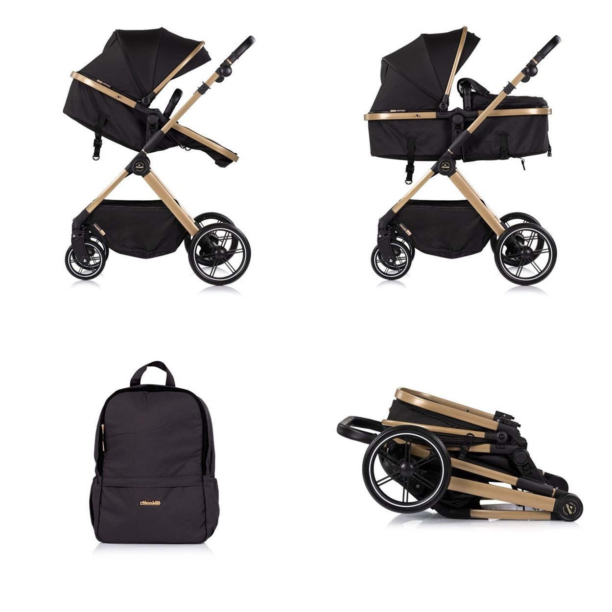 Ein schwarzer Kinderwagen mit goldenen Akzenten, einmal mit Babywanne, einmal zusammengeklappt.