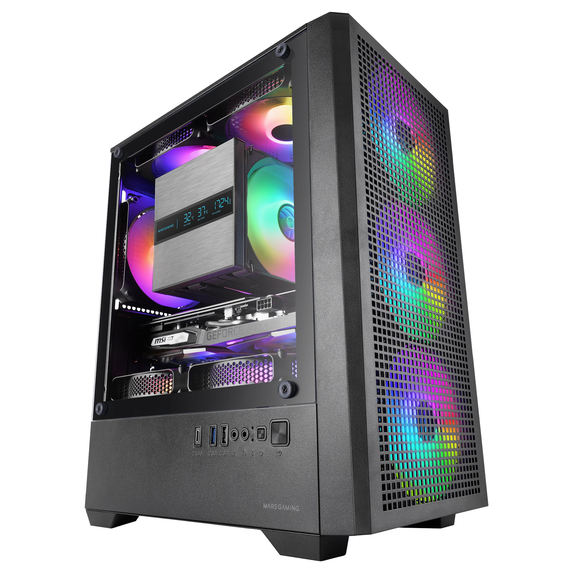 Case PC nero con illuminazione RGB colorata e componenti interni visibili.