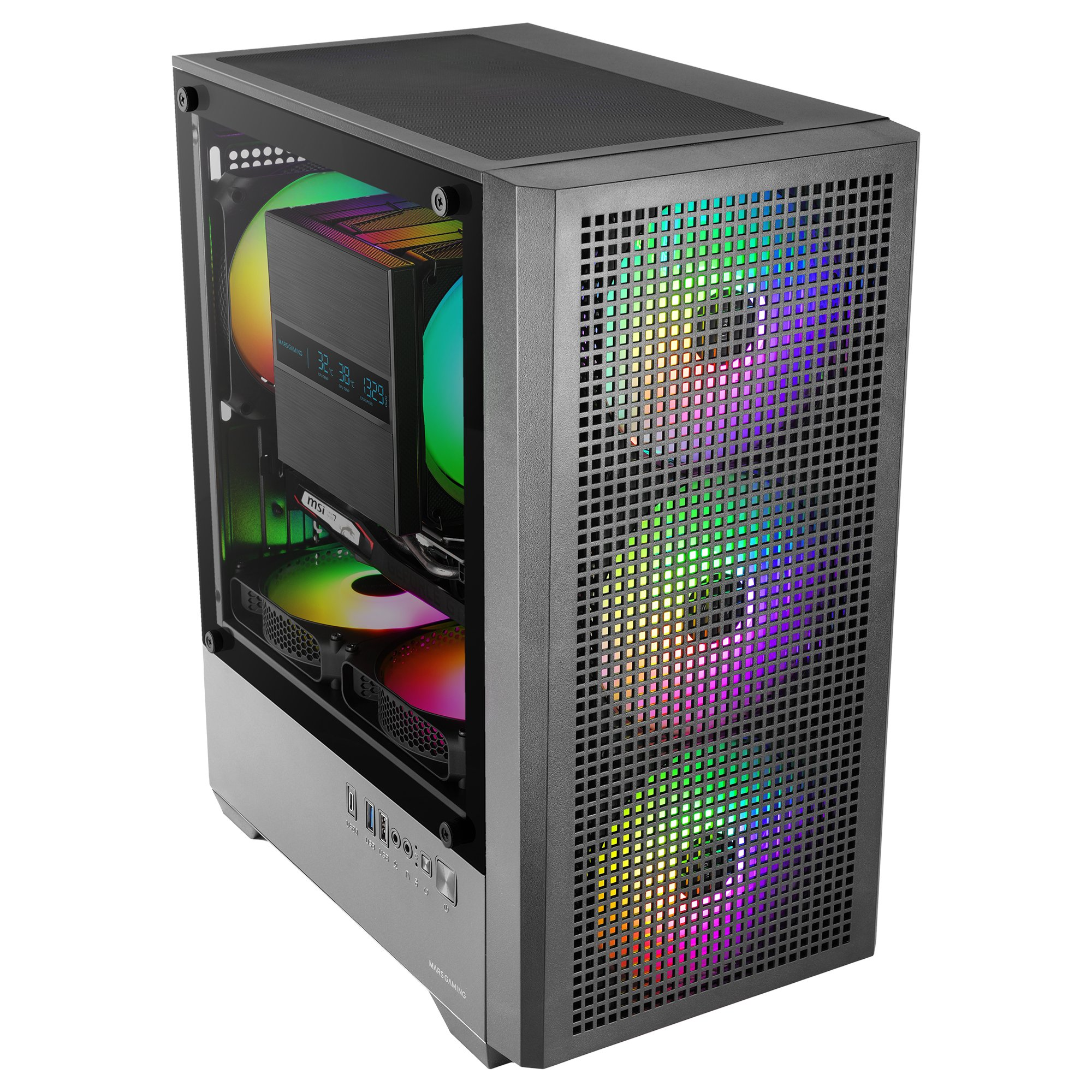 Un case PC grigio con frontale in vetro e ventole RGB.
