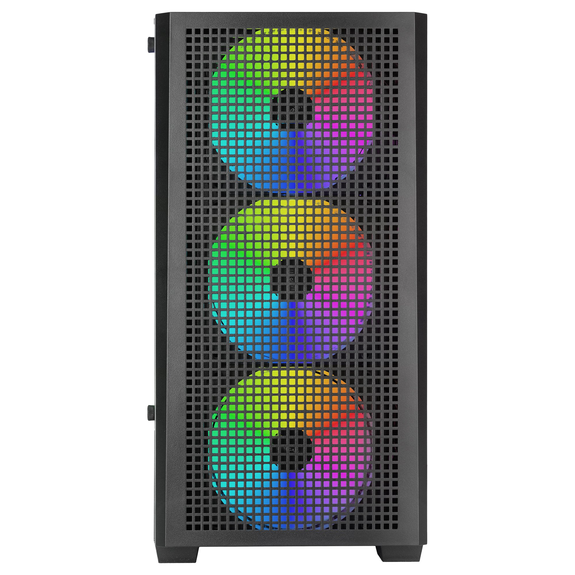 Un case per computer nero con tre ventole sovrapposte che mostrano luci RGB colorate.
