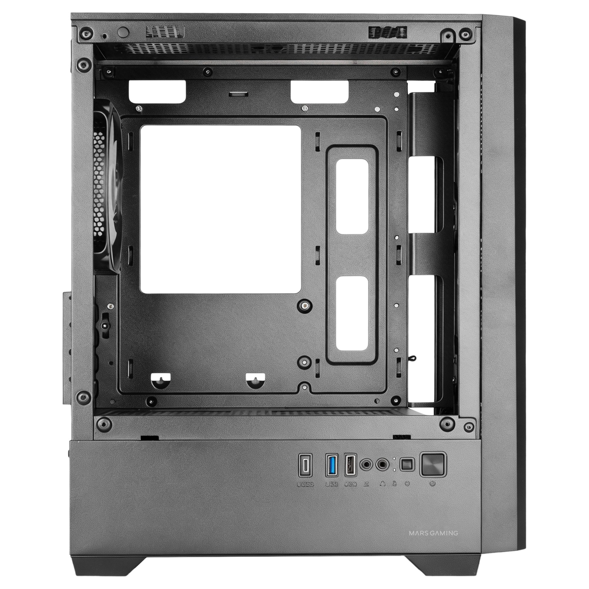 Un case per computer vuoto e scuro con porte frontali.