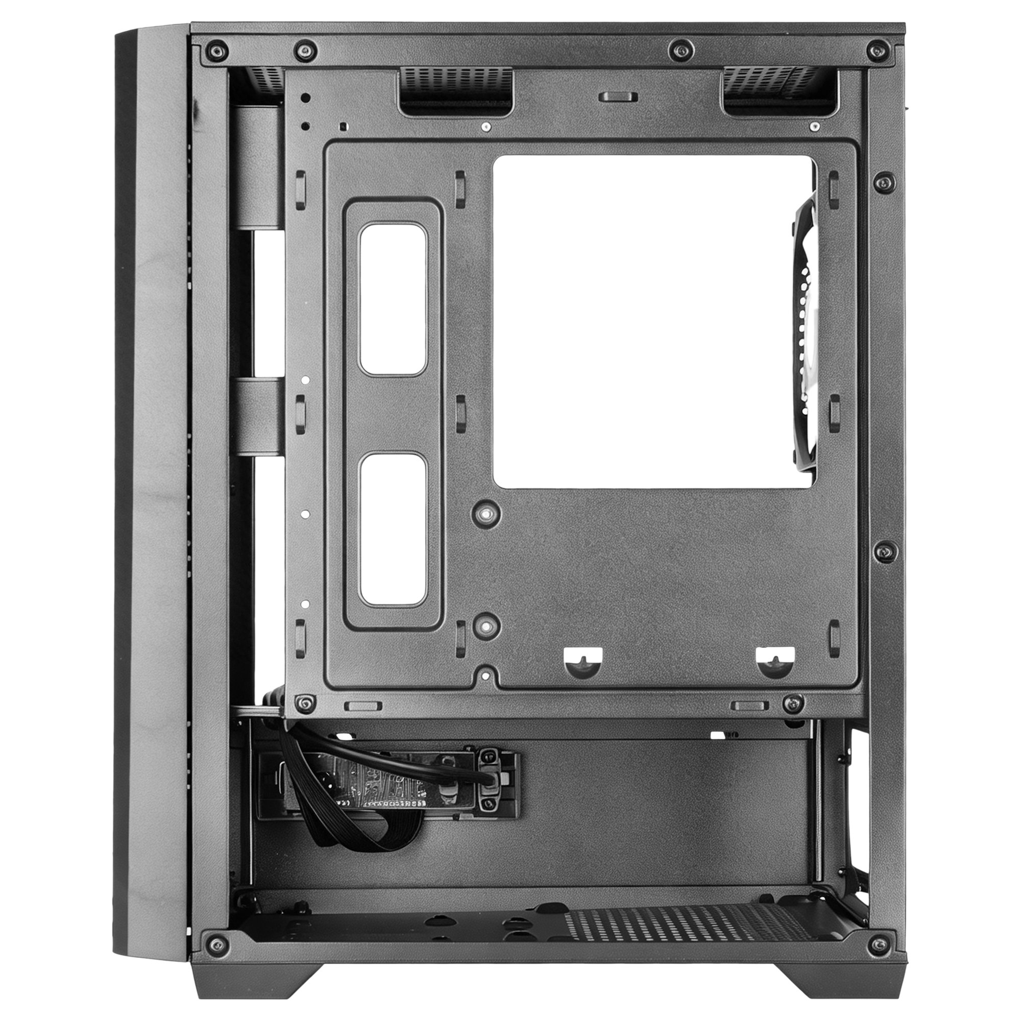 Vista interna di un case per computer nero con pannelli laterali aperti.