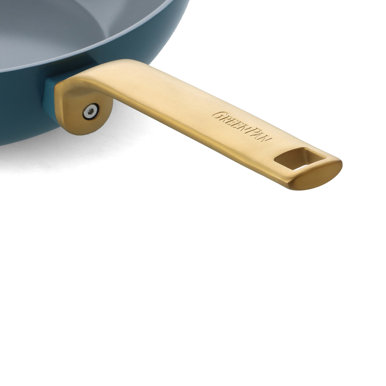 Blaue Pfanne mit goldenem Griff, markiert mit GREENPAN.