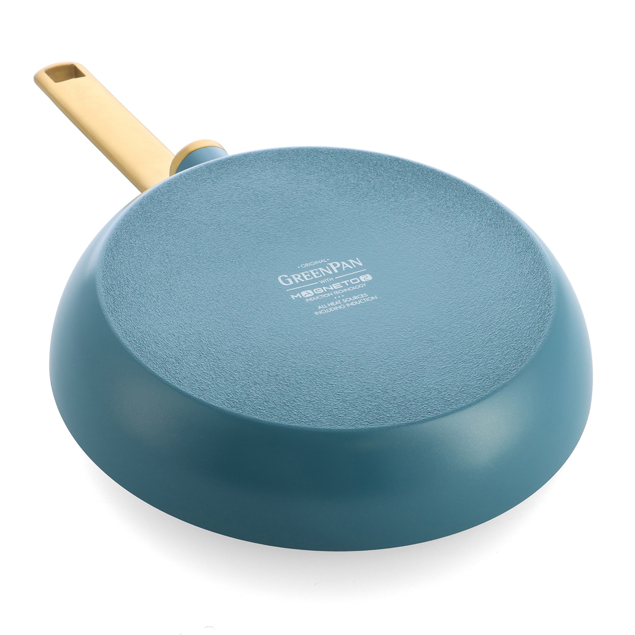 Eine blaue Greenpan-Bratpfanne mit beigem Griff wird von unten gezeigt.