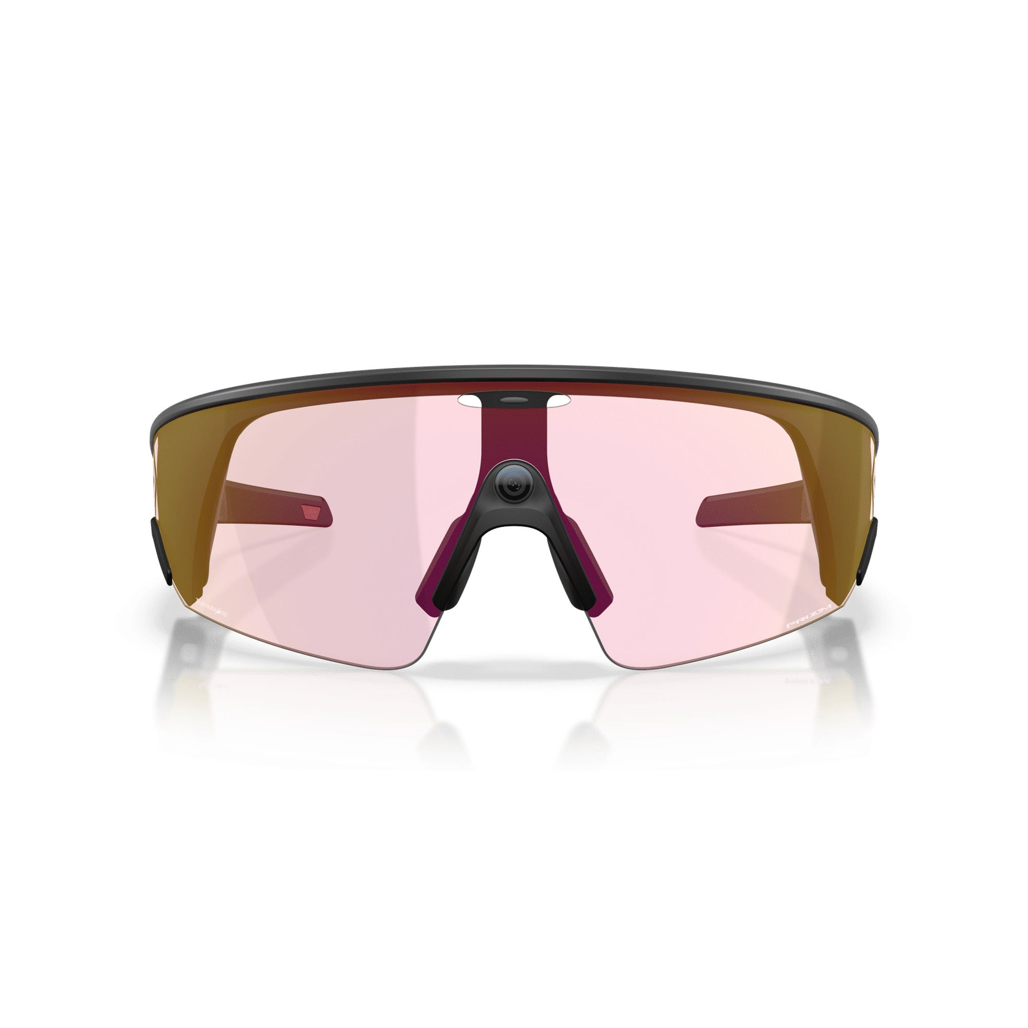 Sportsonnenbrille mit rosa Gläsern und gold-braunen Rändern.