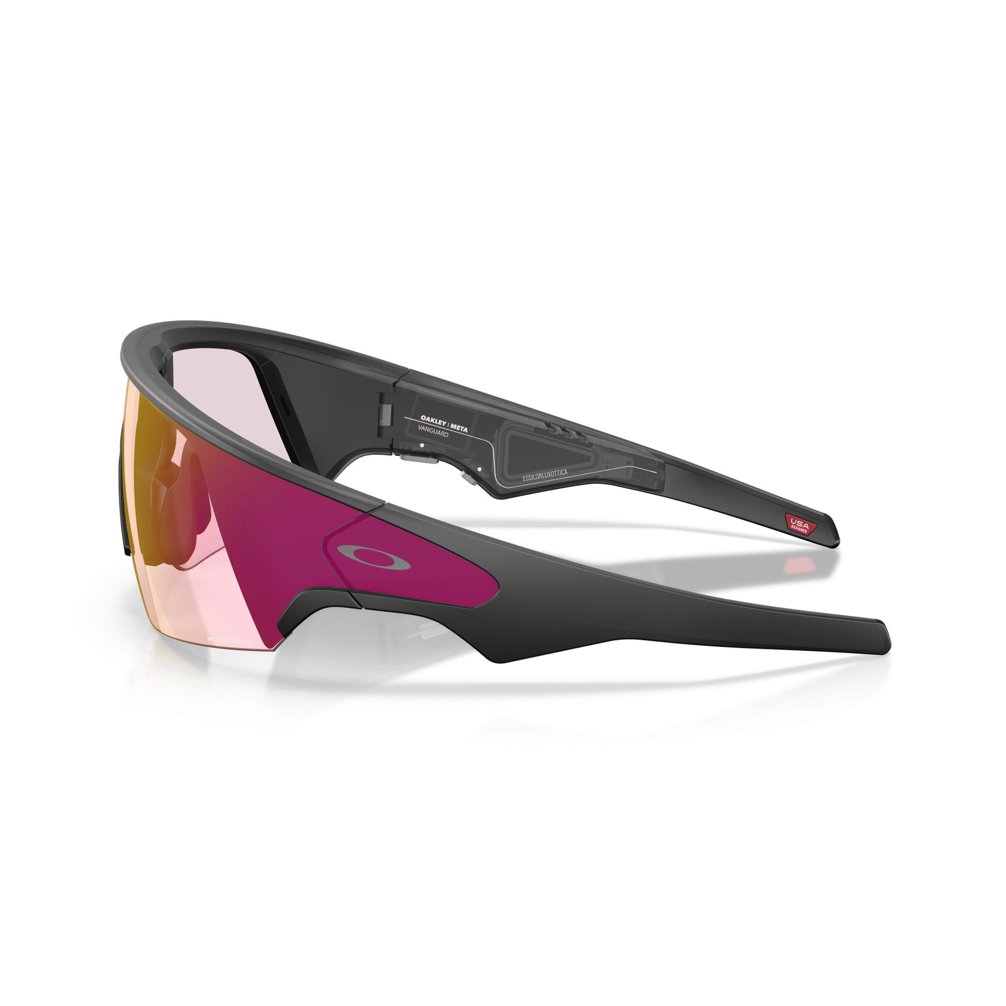 Schwarze Oakley Sportbrille mit pinken und goldenen Gläsern, weißer Hintergrund.