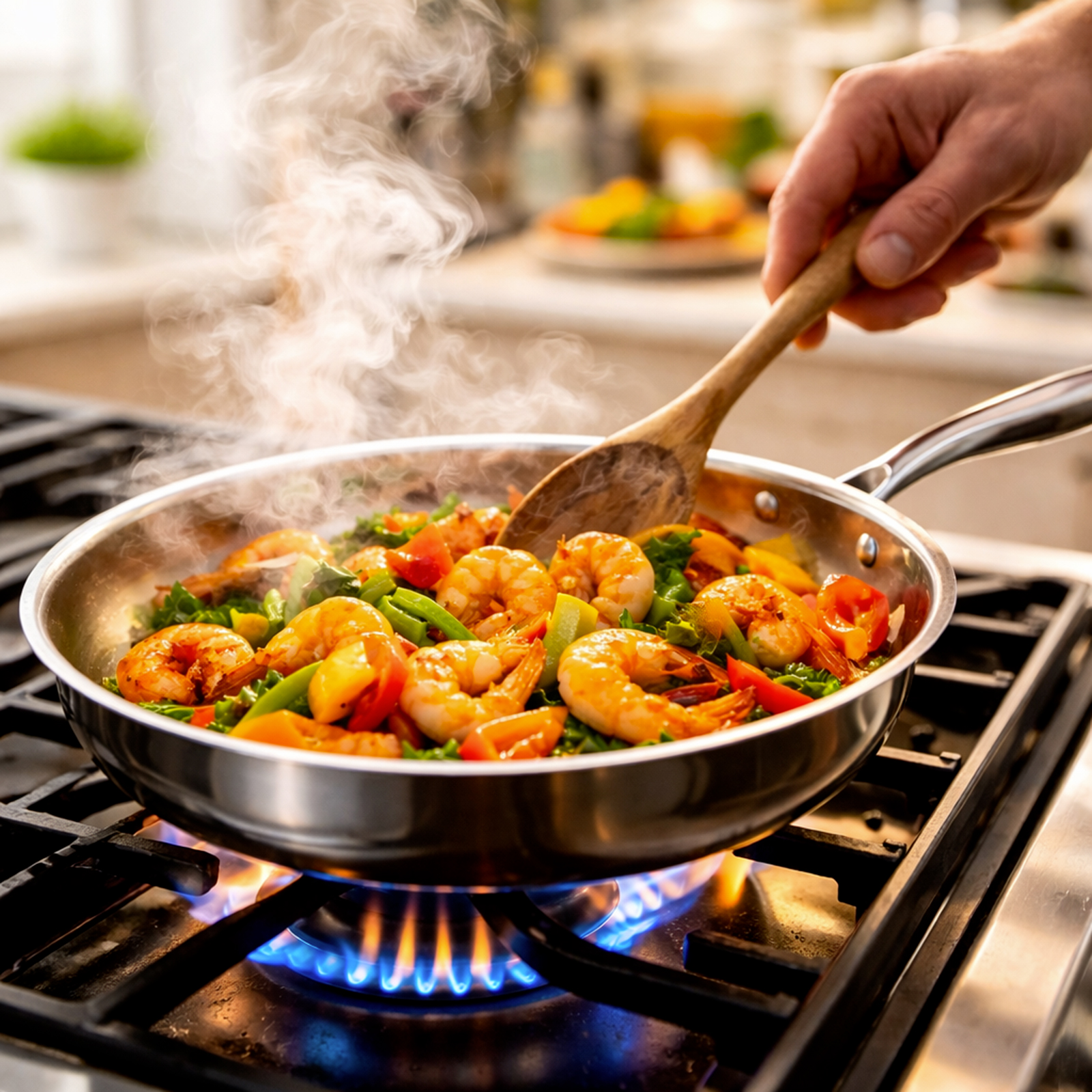 Des crevettes et des légumes sont sautés dans une poêle sur une flamme bleue.