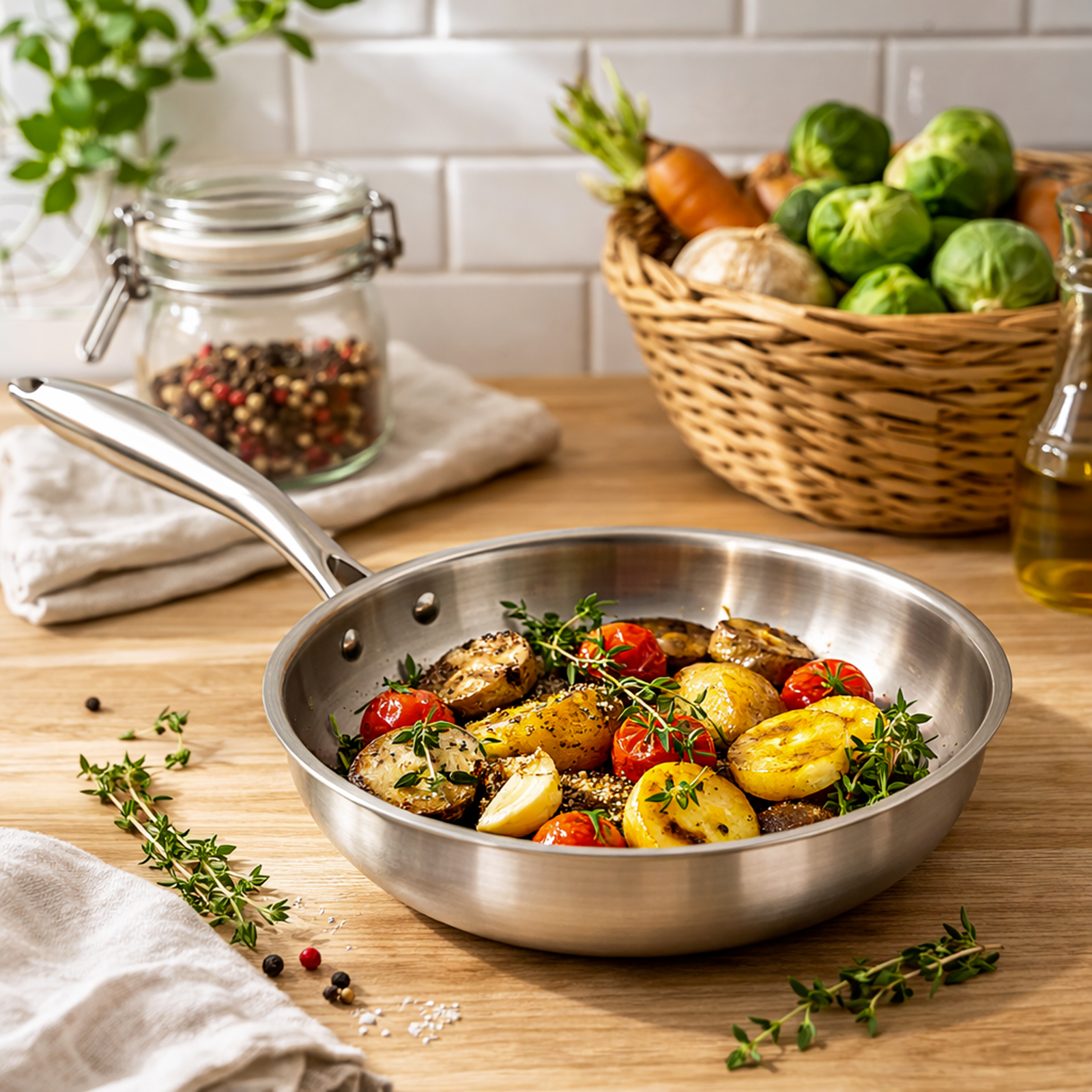 Pommes de terre rôties avec tomates cerises et herbes dans une poêle, à côté d'un panier de légumes.