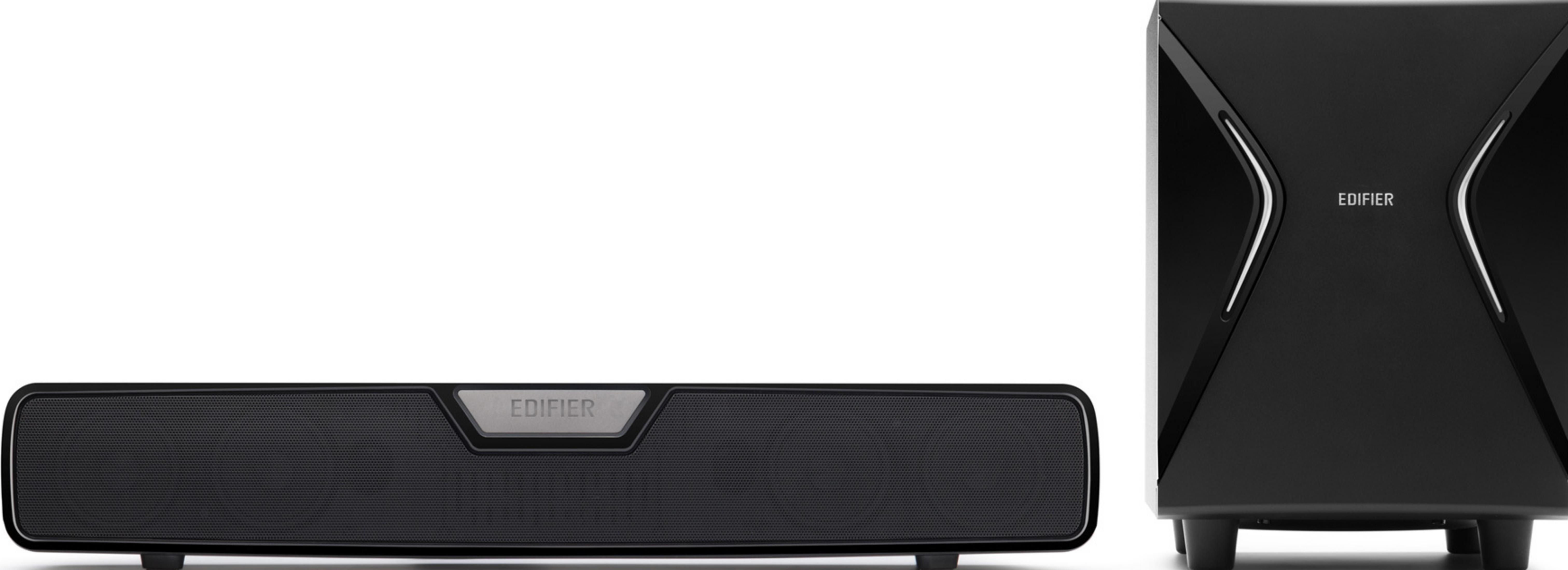 Altavoz y subwoofer negros con logo Edifier sobre fondo blanco.