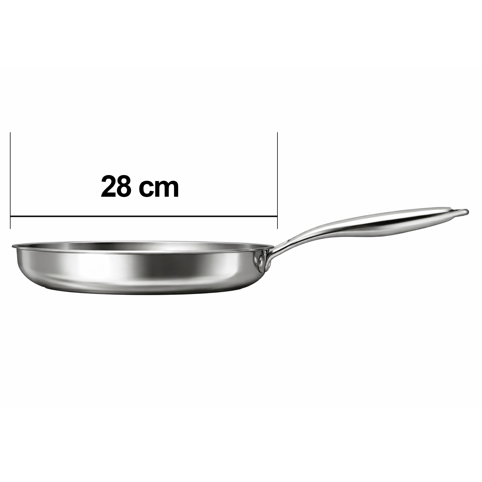 Une poêle argentée de 28 cm de diamètre avec un long manche.
