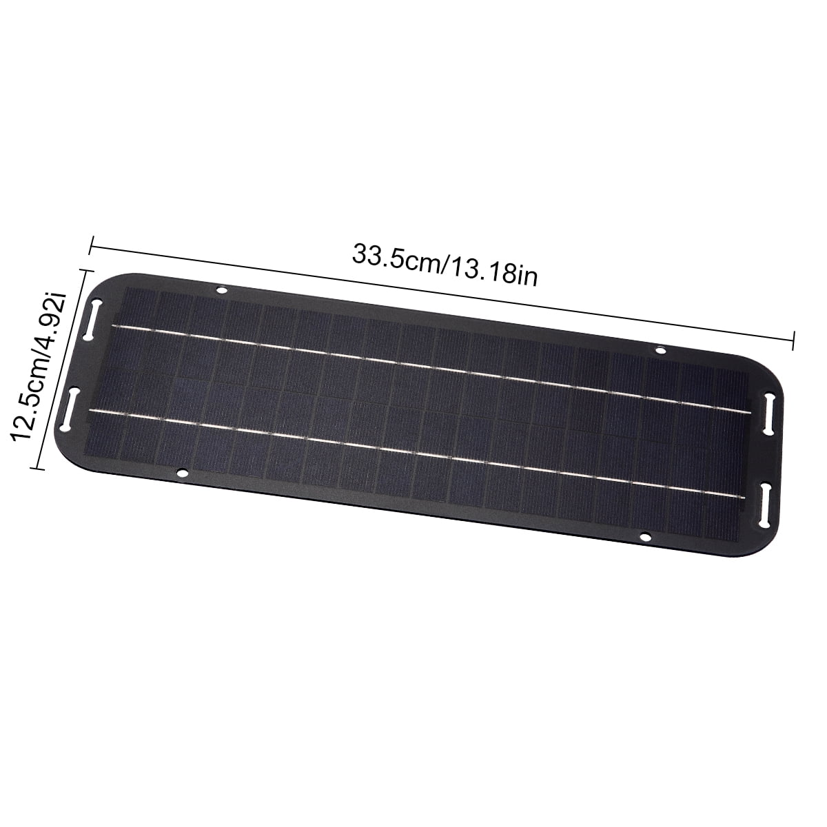 Schwarzes Solarmodul mit Maßen 33,5 cm x 12,5 cm. Mit Befestigungslöchern.