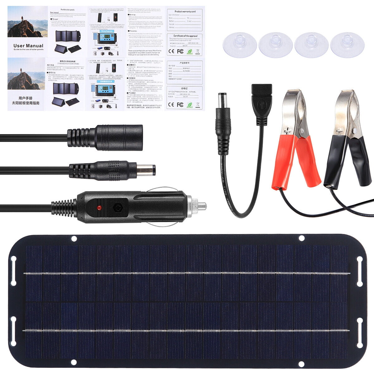 Solarpanel mit Zubehör: Ladekabel, Kfz-Ladegerät, Klemmen und Handbuch.