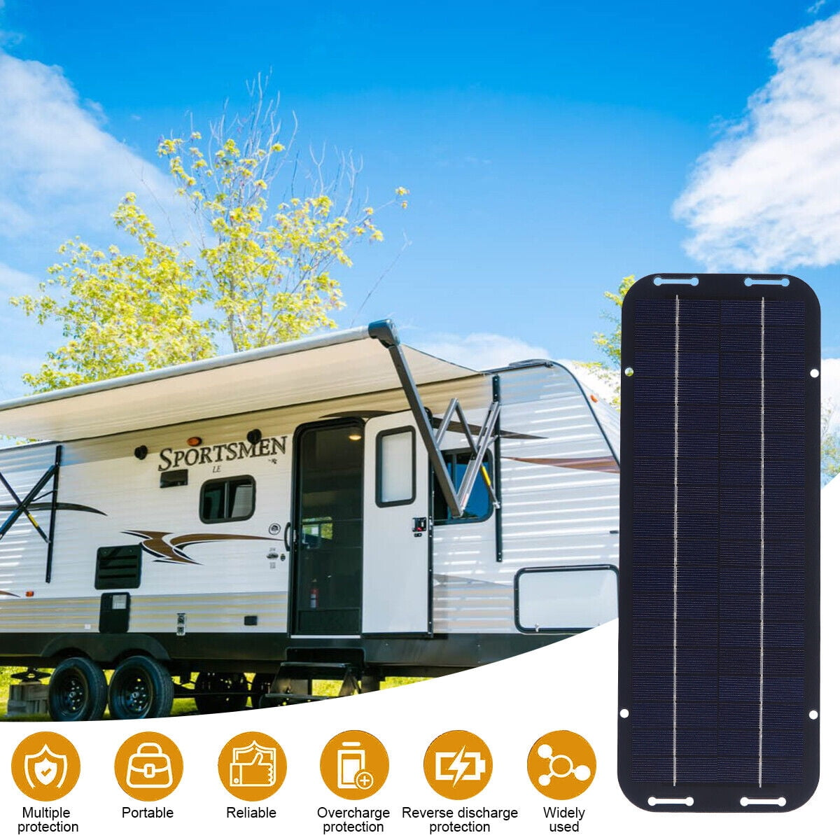 Wohnmobil mit ausgefahrenem Vordach und Solarpanel daneben.