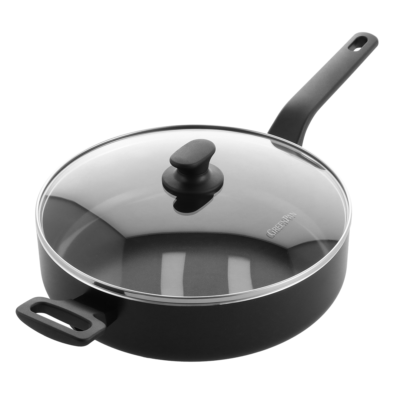 Schwarze Bratpfanne mit Glasdeckel und zwei Griffen. Logo 'GreenPan' sichtbar.