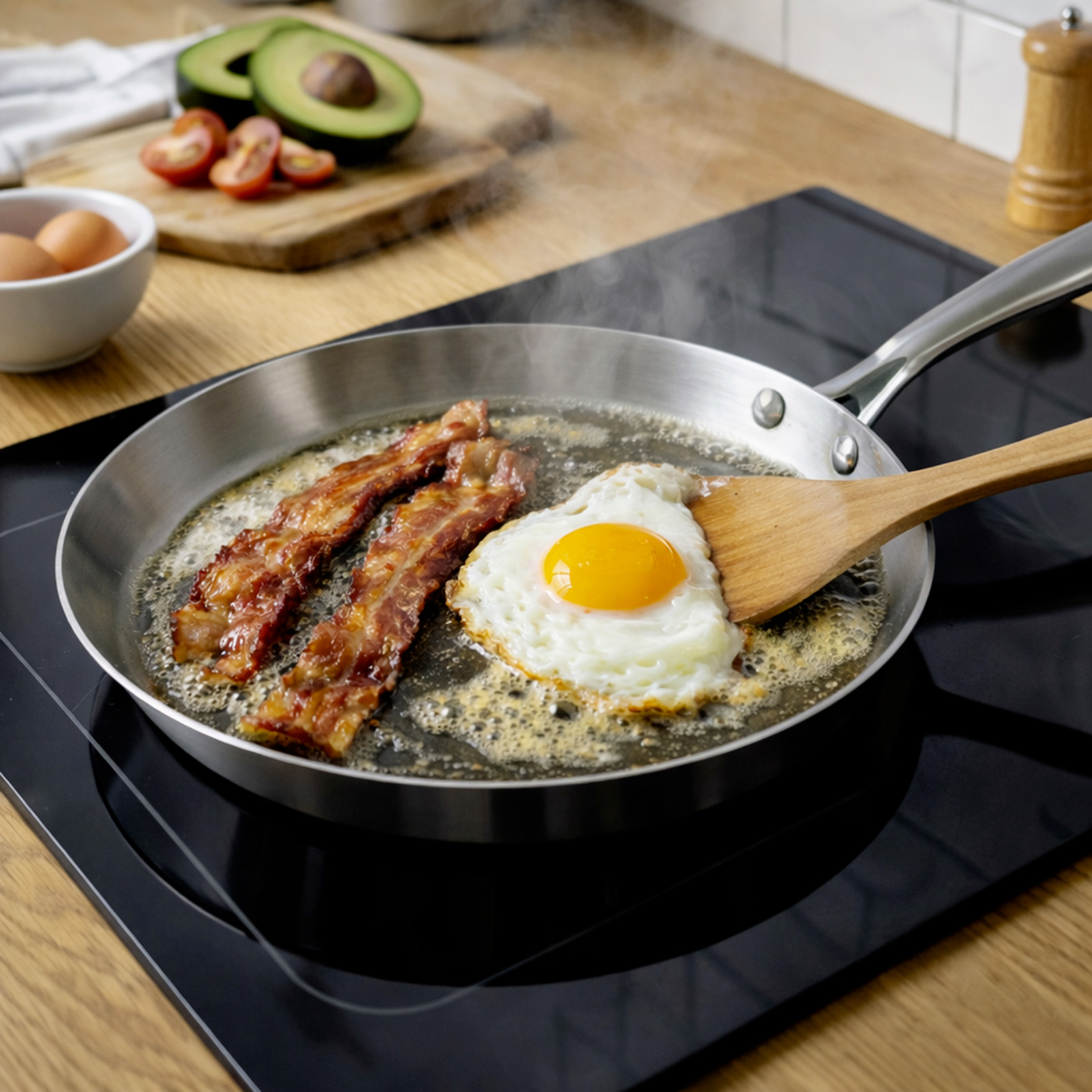 Bacon et œufs grésillant dans une poêle, avec avocat et tomates à proximité.