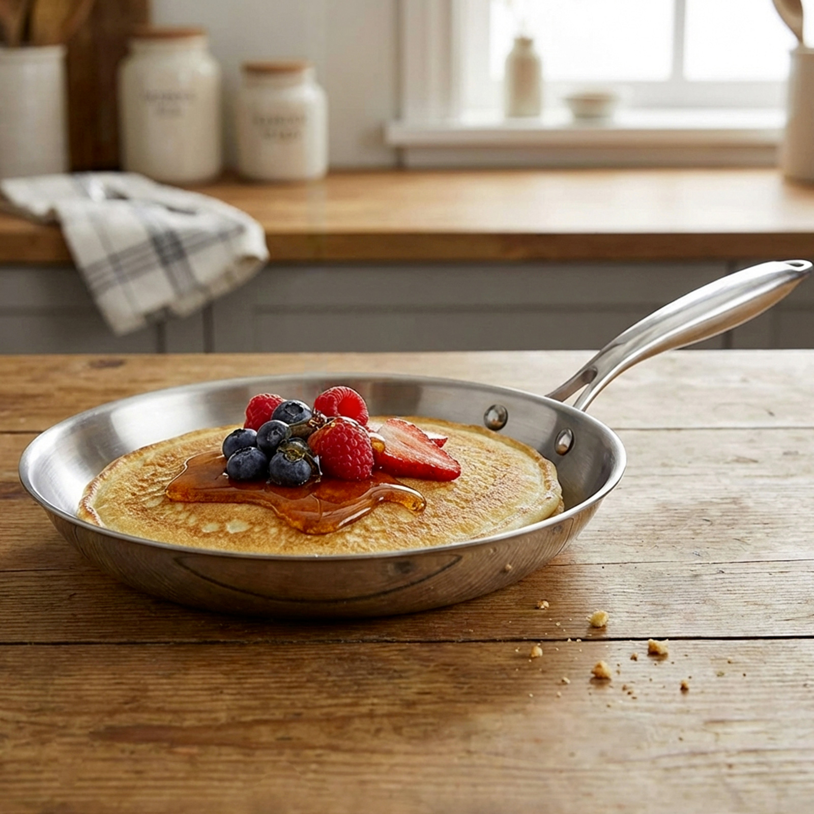 Une crêpe dorée garnie de baies et de sirop dans une poêle sur une table en bois.