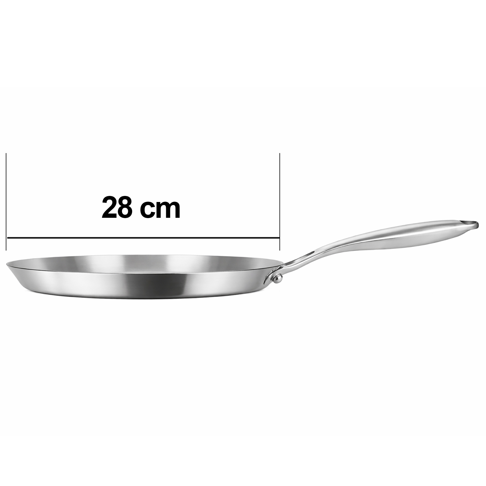 Une poêle argentée avec un long manche, mesurant 28 cm.