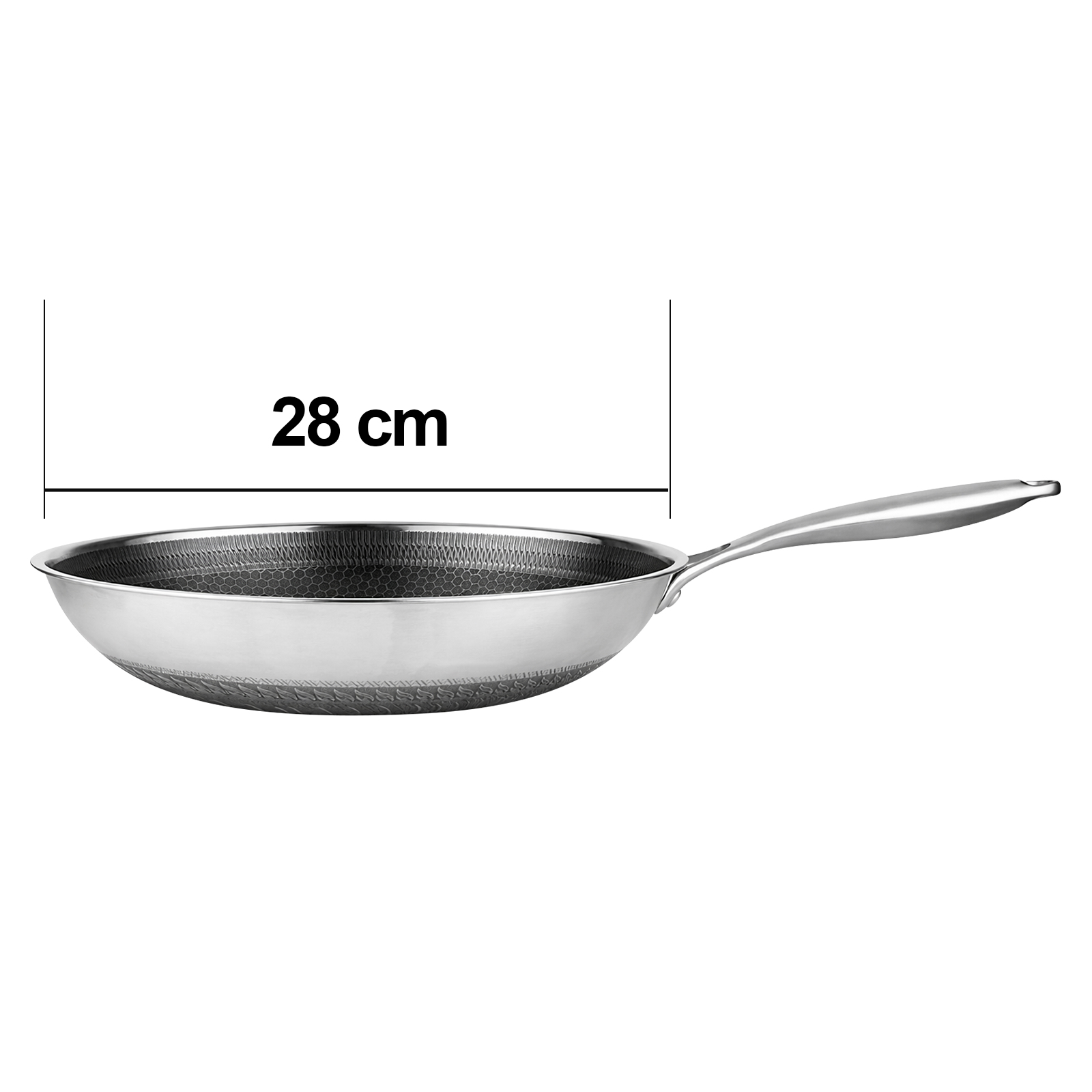 Un wok en acier inoxydable de 28 cm avec motif en nid d'abeille et long manche.