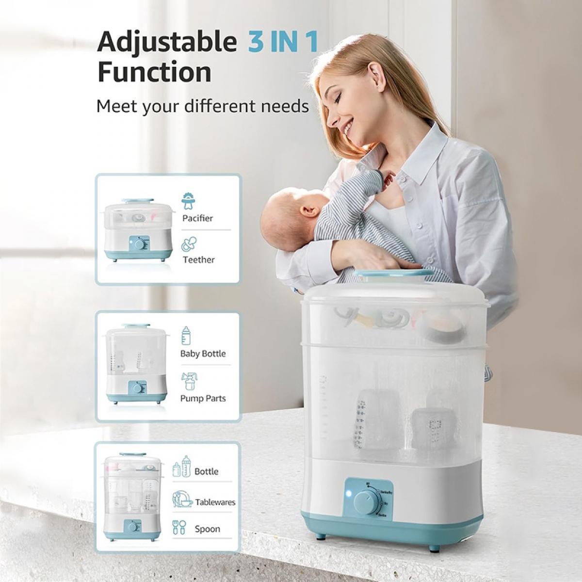 Ein Dampfgarer für Babyartikel mit drei Ebenen, der von einer Frau mit einem Baby gehalten wird.