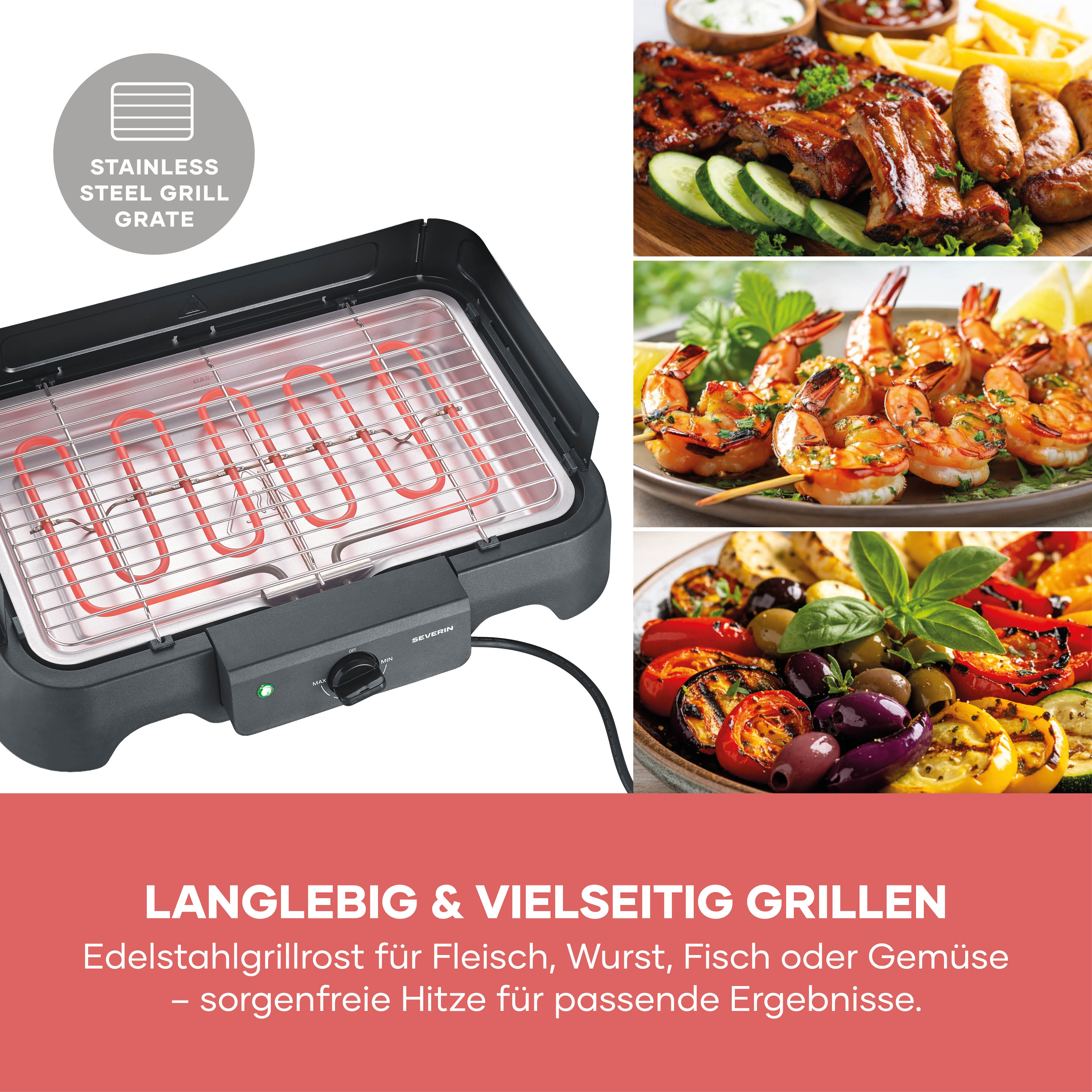 Grill elettrico con griglia in acciaio inox, accanto a foto di carne, gamberi e verdure grigliate.