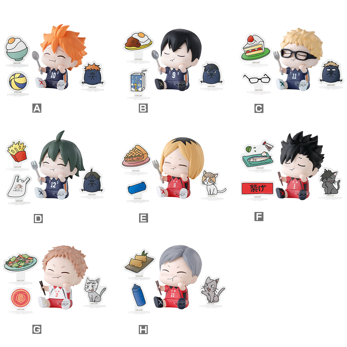 Acht Anime-Figuren mit Essen und Accessoires. Die Charaktere haben verschiedene Haarfarben, einige tragen Brillen und halten Löffel oder Gabeln.