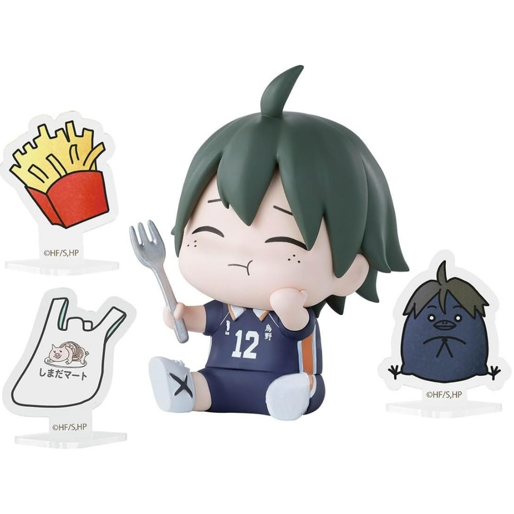 Chibi-Figur mit grünen Haaren hält eine Gabel, neben Pommes, Einkaufstasche und kleinem Monster.