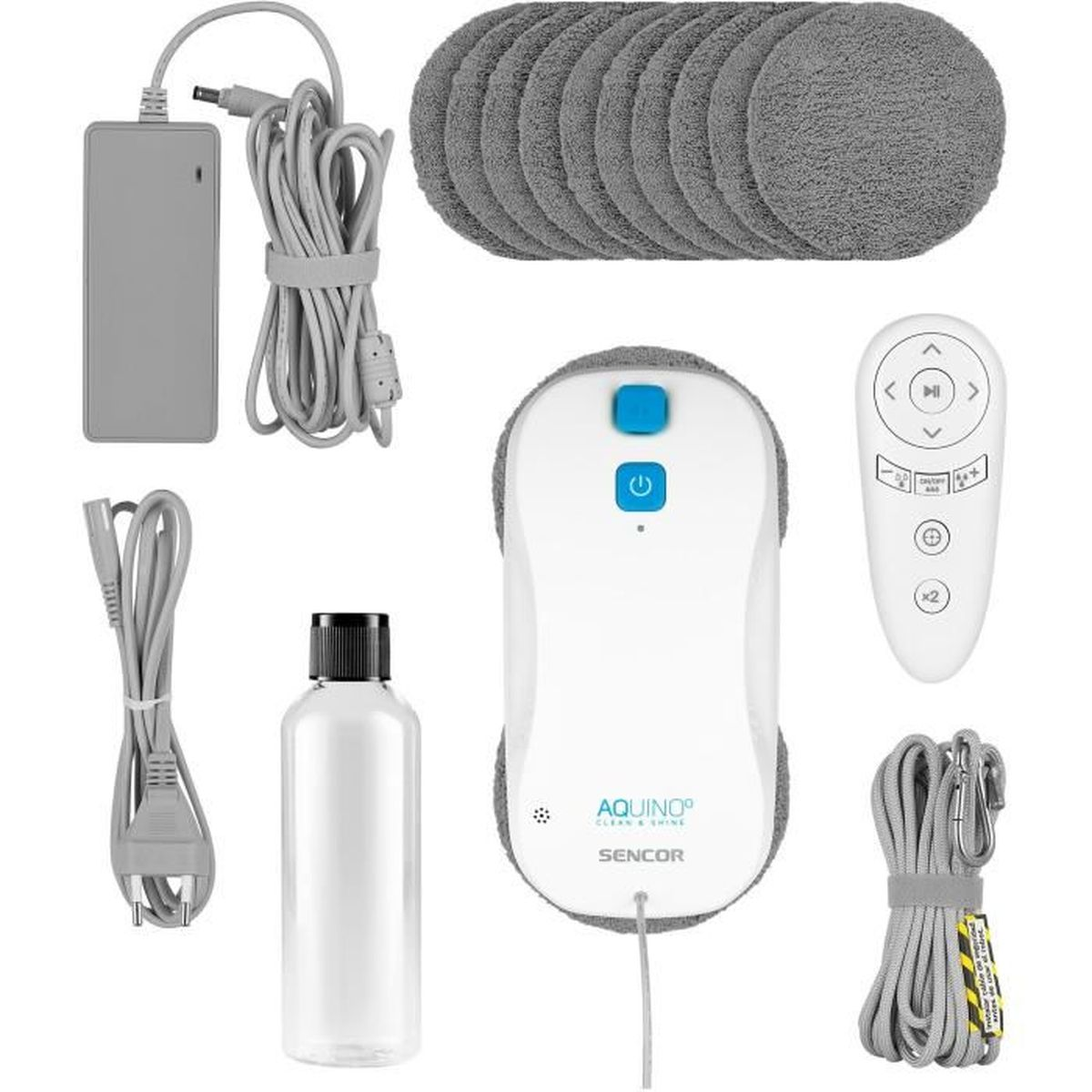 Fensterreinigungsroboter-Kit mit Ladegerät, Fernbedienung, Pads, Flasche und Netzkabel.