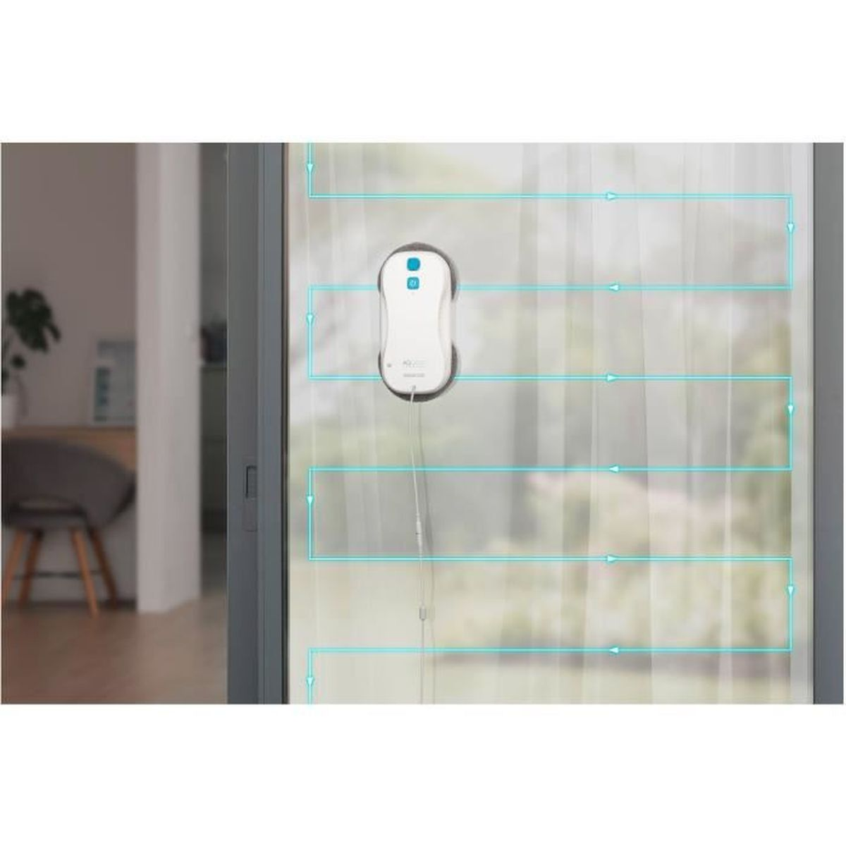 Ein weißer Fensterreinigungsroboter mit blauen Akzenten reinigt ein Fenster.