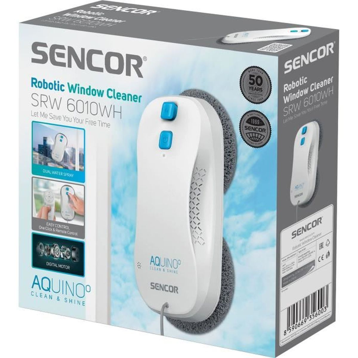 Verpackung eines SENCOR Saugroboters für Fenster mit blauem und weißem Design.