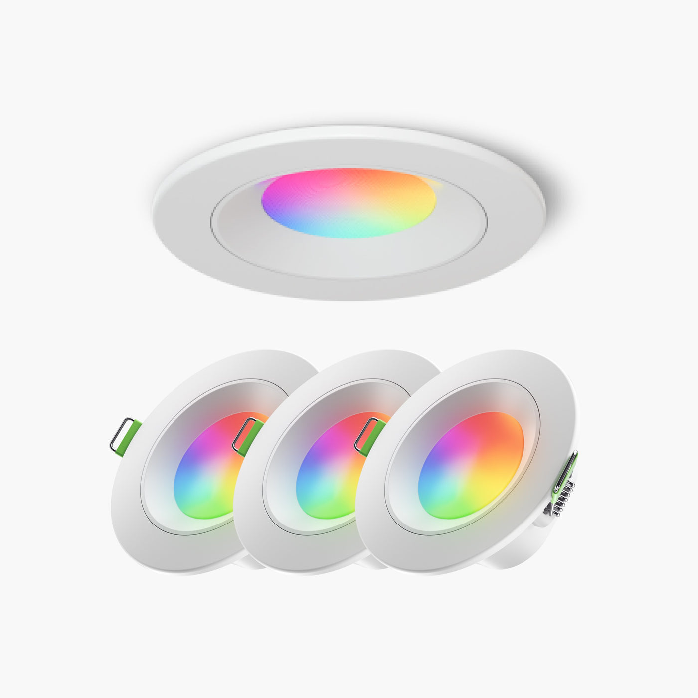 Weiße Einbauspots mit bunten LEDs, einer oben, drei unten.