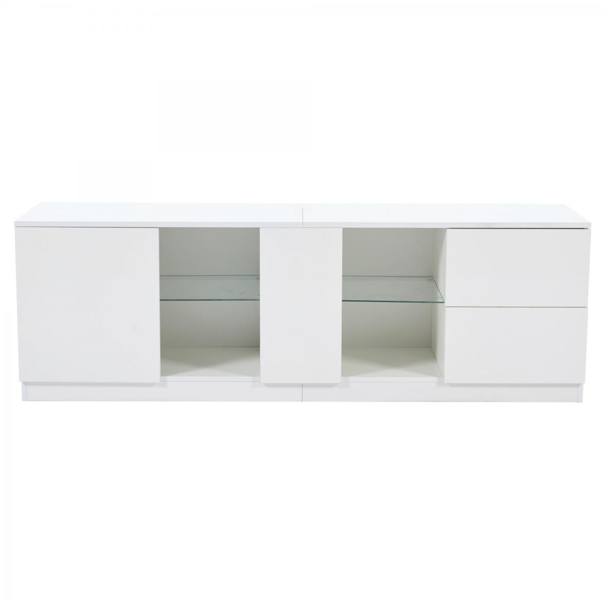 Ein weißes Sideboard mit Glasböden und Schubladen auf weißem Hintergrund.