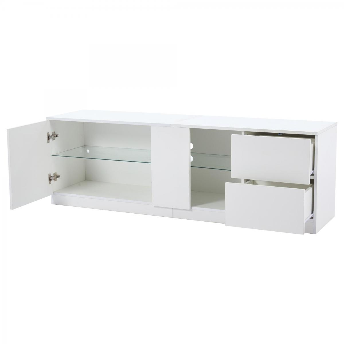 Weißer TV-Schrank mit offenen Türen, Glasablagen und zwei Schubladen.