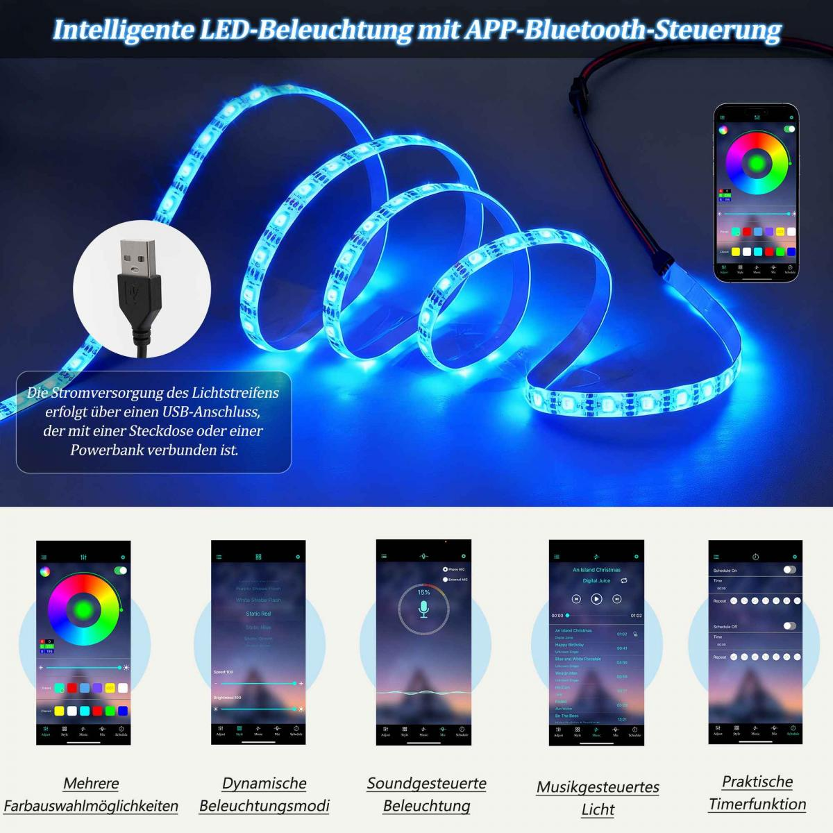 Intelligente LED-Beleuchtung mit APP-Steuerung, USB-Anschluss, Farboptionen, Modi, Musik- und Timerfunktionen.