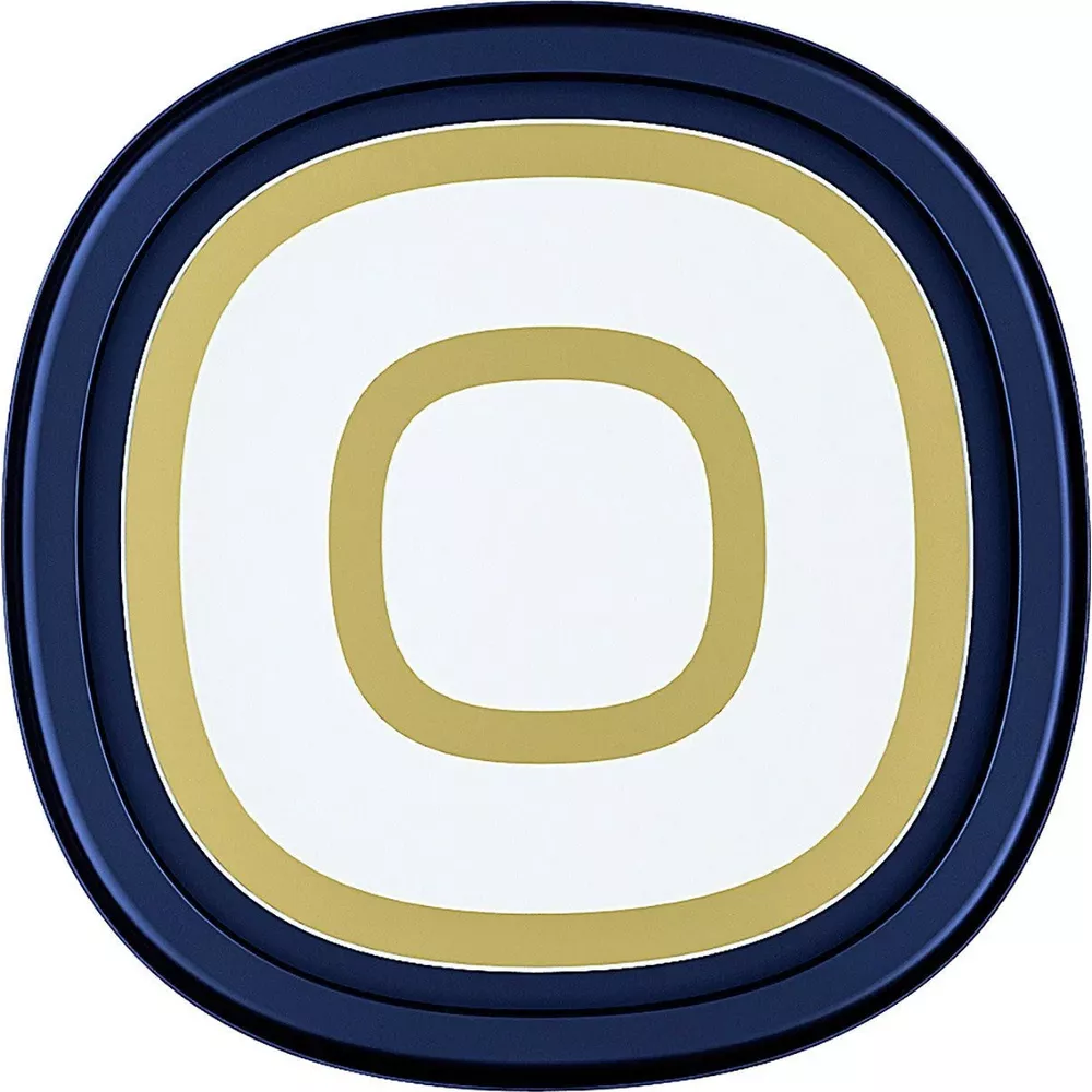 Ein blauer Rand umgibt konzentrische weiße und goldene Ringe.