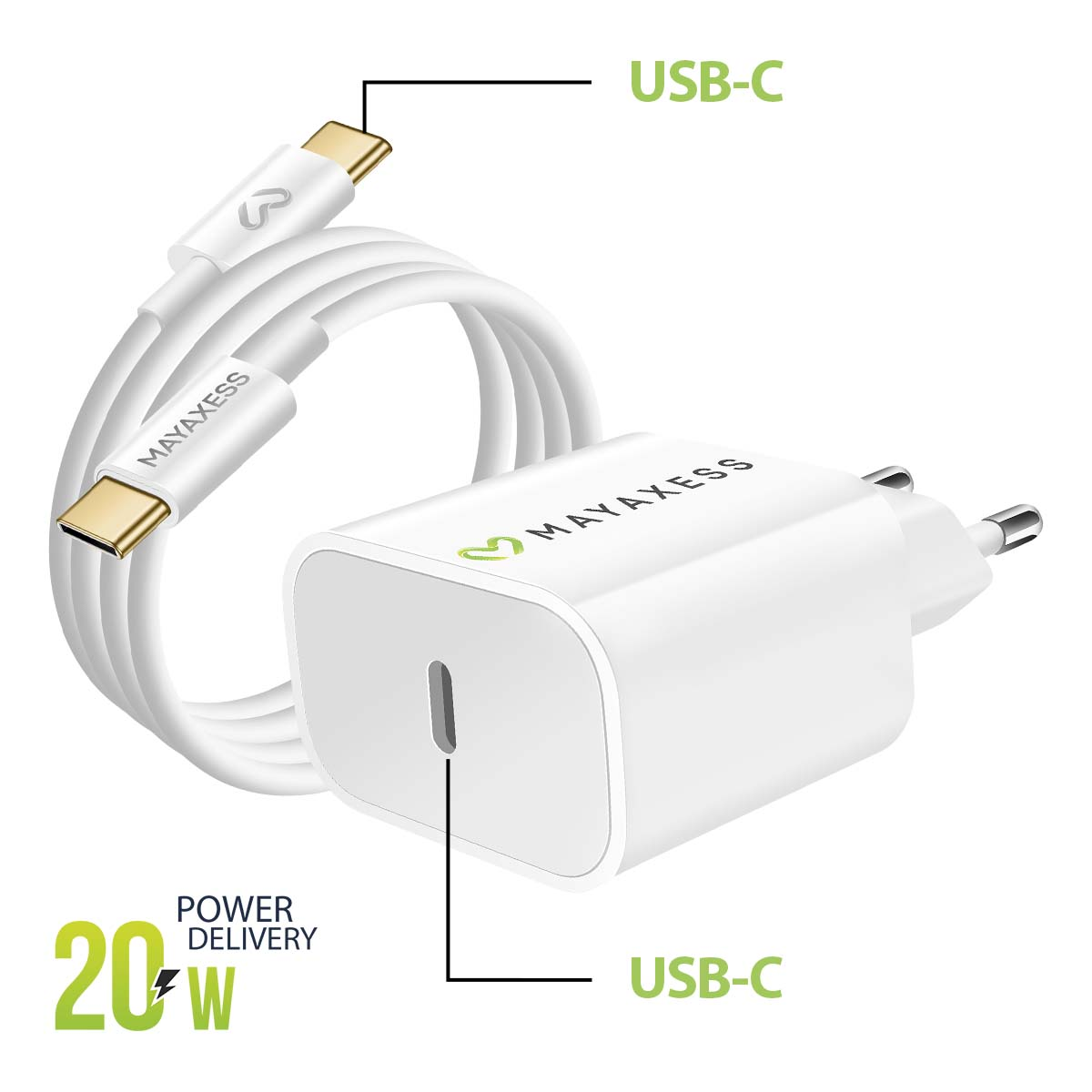 Ein weißes USB-C-Ladegerät mit Kabel und 20W Power Delivery.