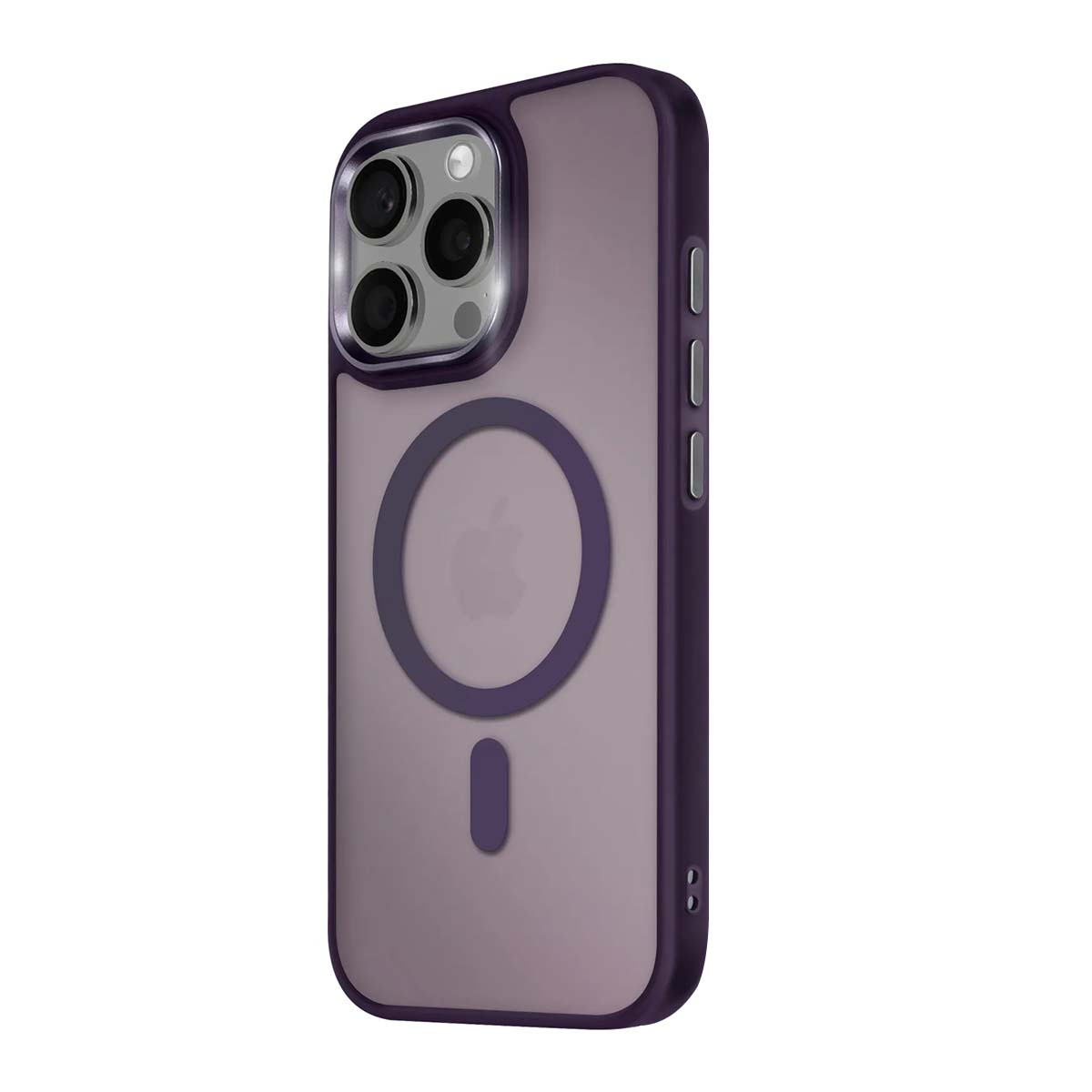 Funda gris oscura con anillo MagSafe y tres lentes de cámara.
