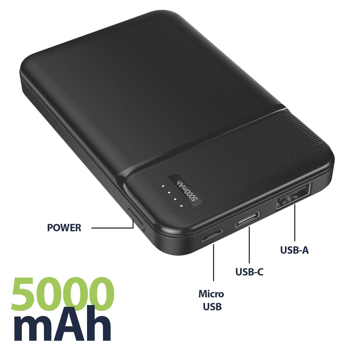 Schwarzes Powerbank mit 5000 mAh, USB-A, USB-C und Micro-USB-Anschlüssen.