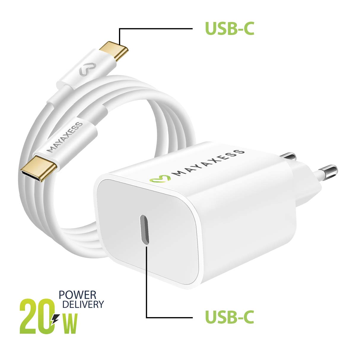 Un cargador USB-C blanco con cable y 20W de potencia.