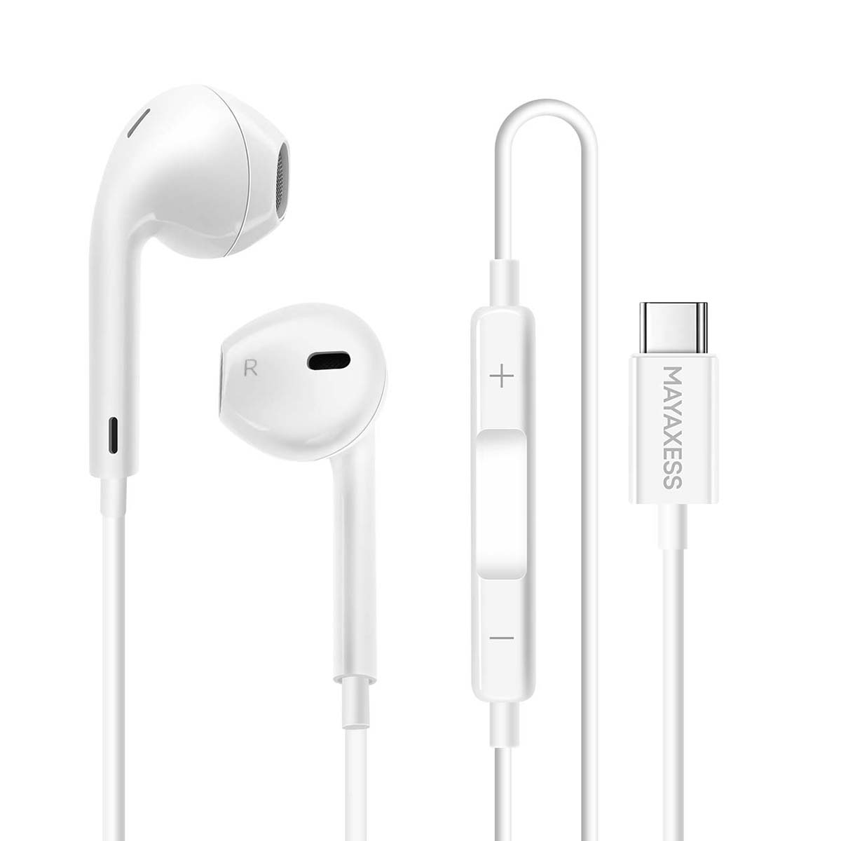 Auriculares blancos con conector USB-C y control de volumen sobre fondo blanco.
