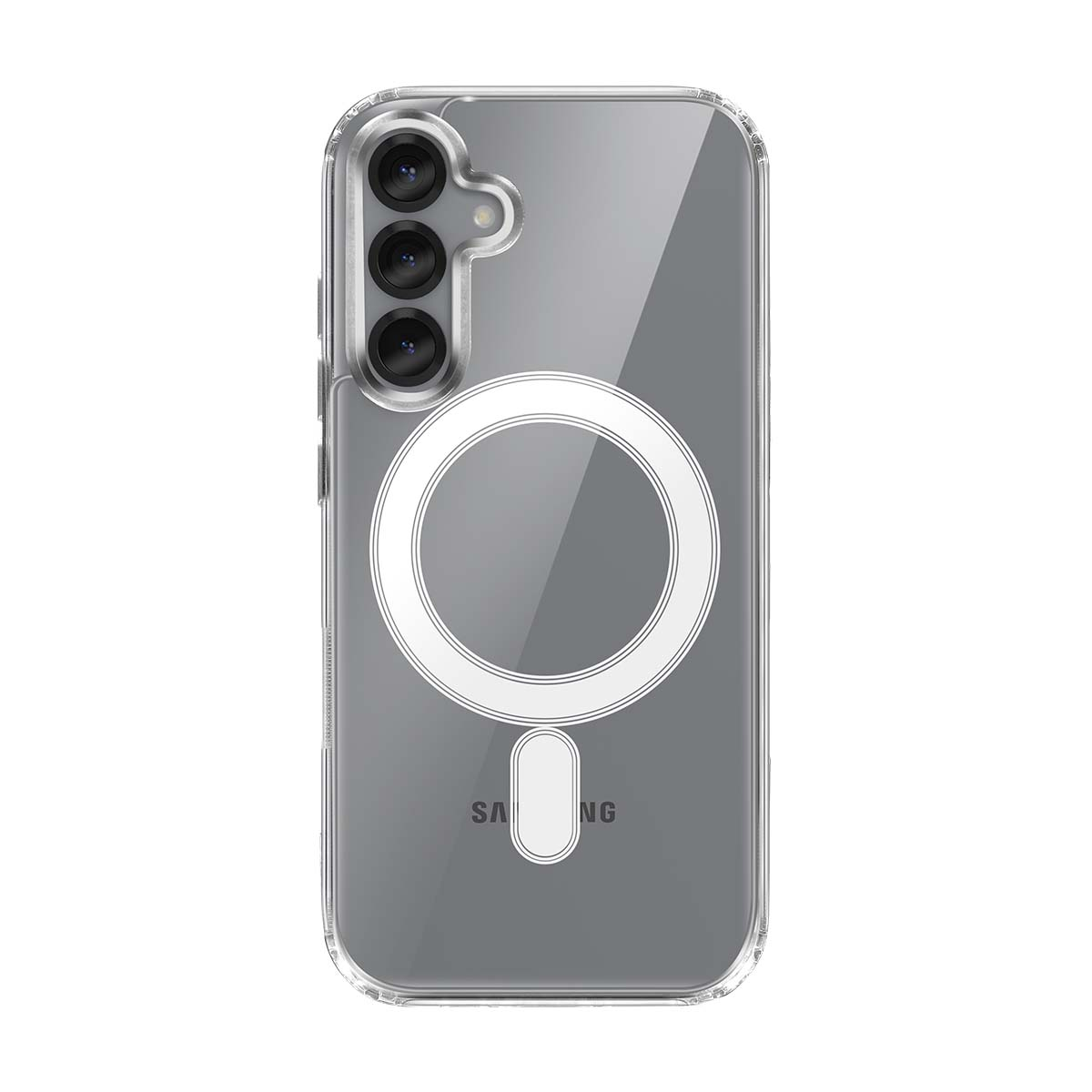 Transparente Handyhülle mit MagSafe-Ring und drei Kameras.