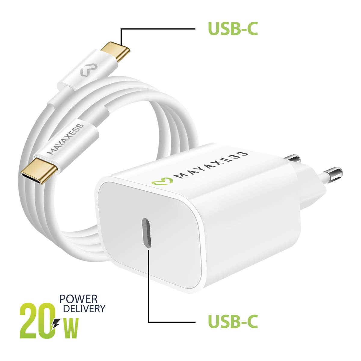 Ein weißes USB-C-Ladegerät mit Kabel, 20W Power Delivery.