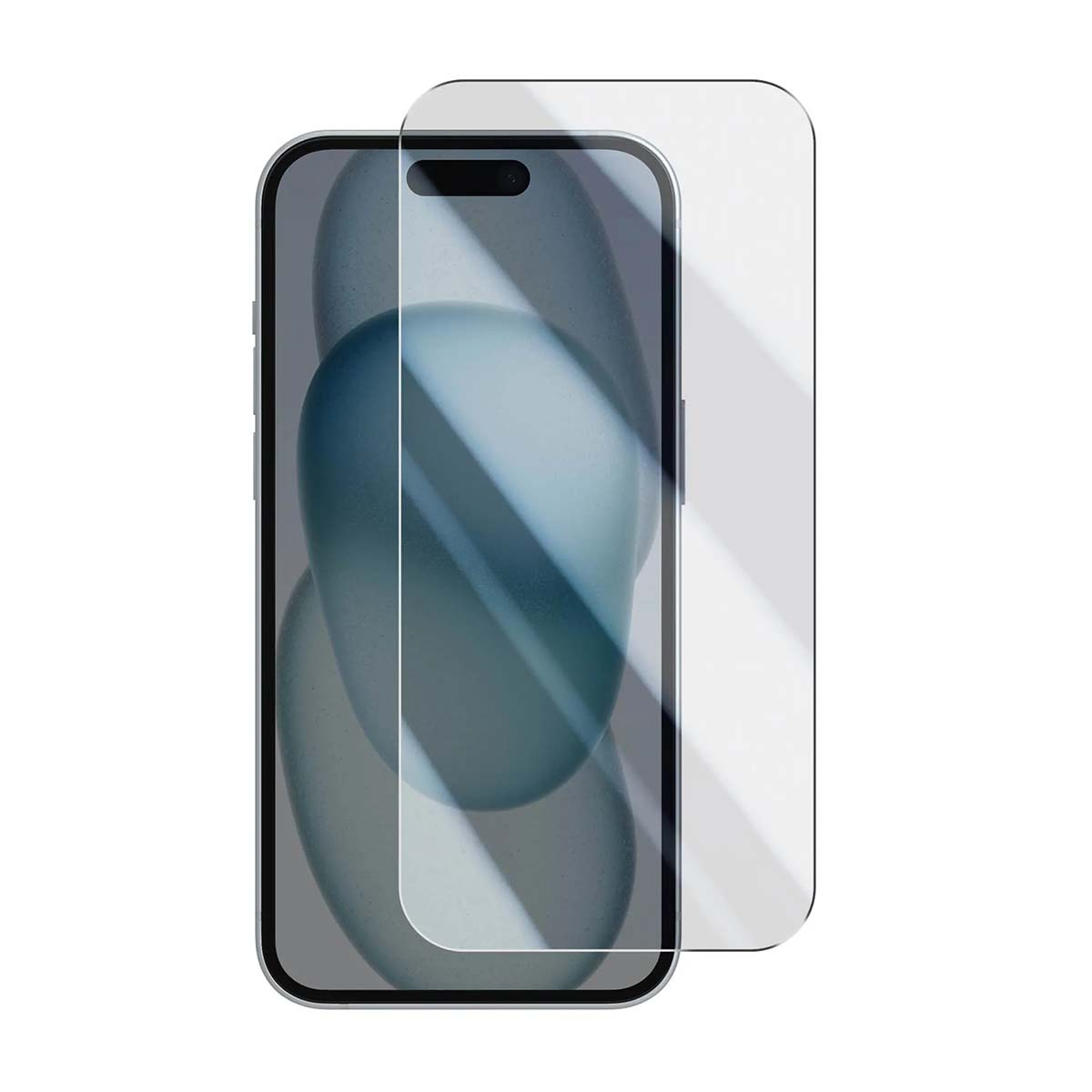 Ein durchsichtiges Schutzglas liegt auf einem Smartphone mit dunklem Hintergrund.