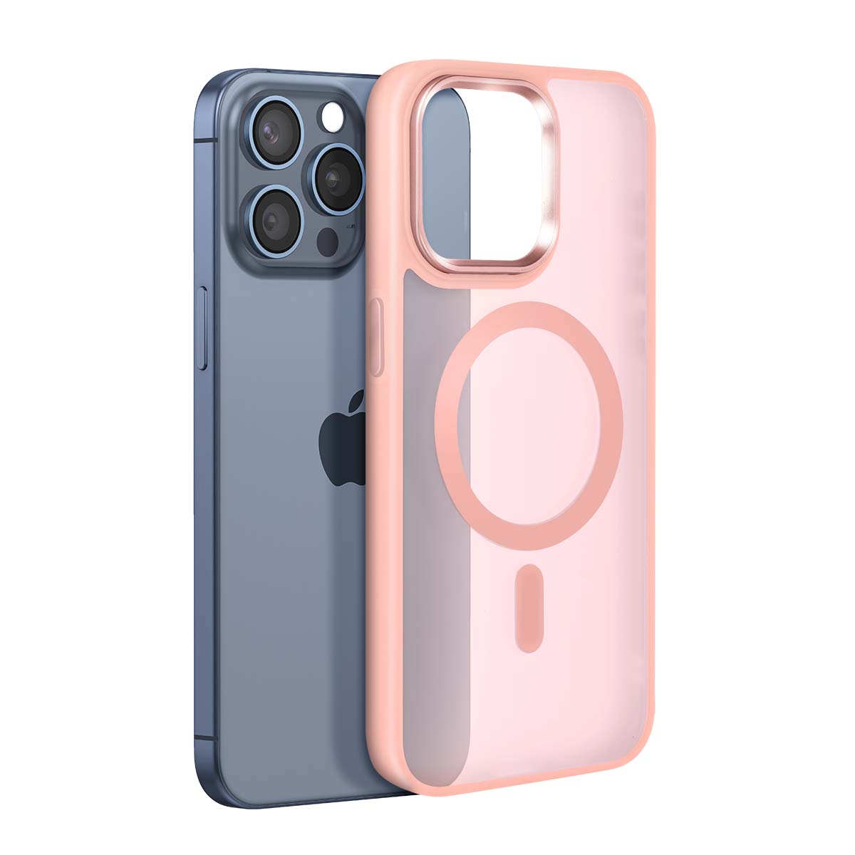 Un iPhone azul junto a una funda rosa transparente con anillo magnético.