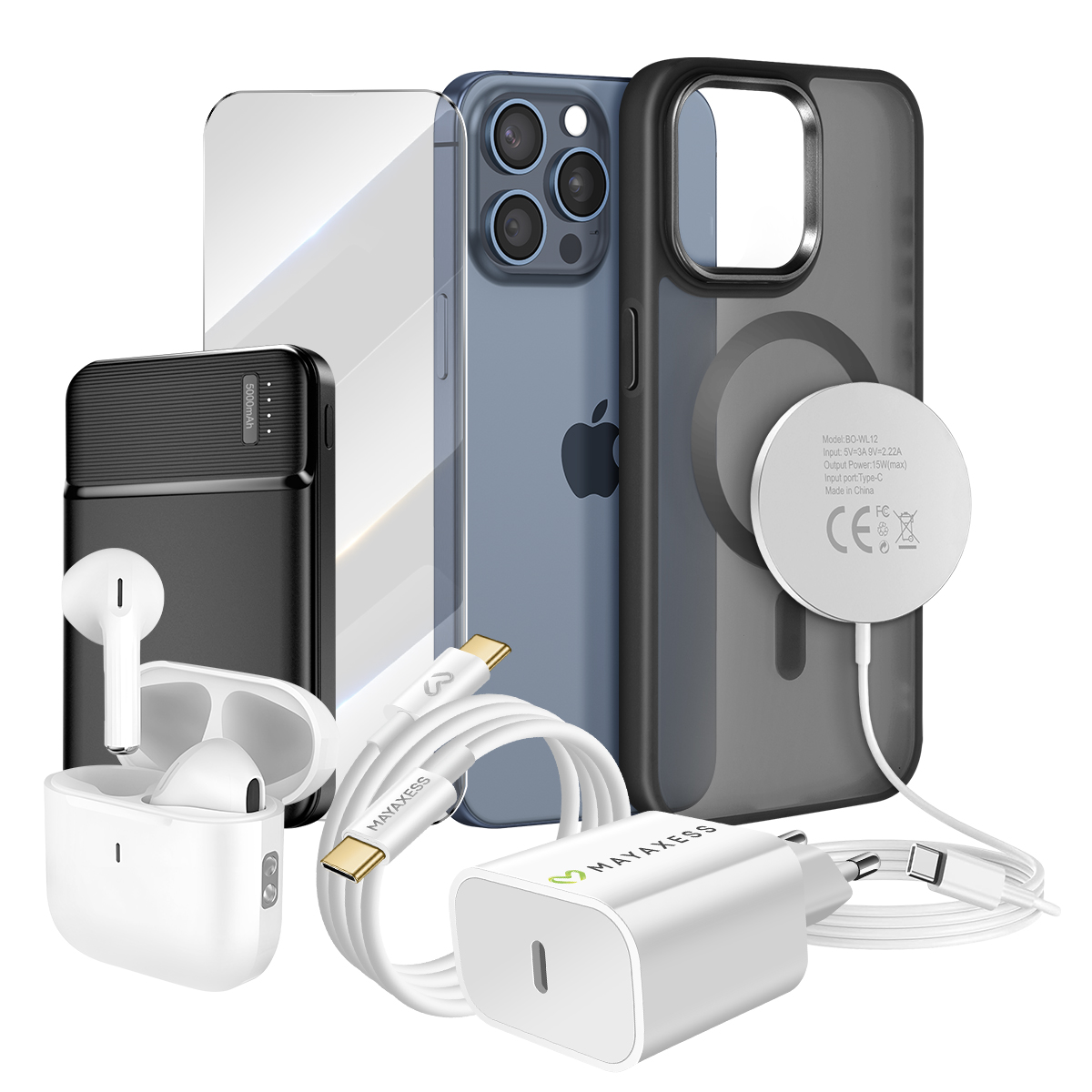 Ein Smartphone mit Zubehör: Powerbank, Kopfhörer, Ladekabel, Netzteil und Hülle.