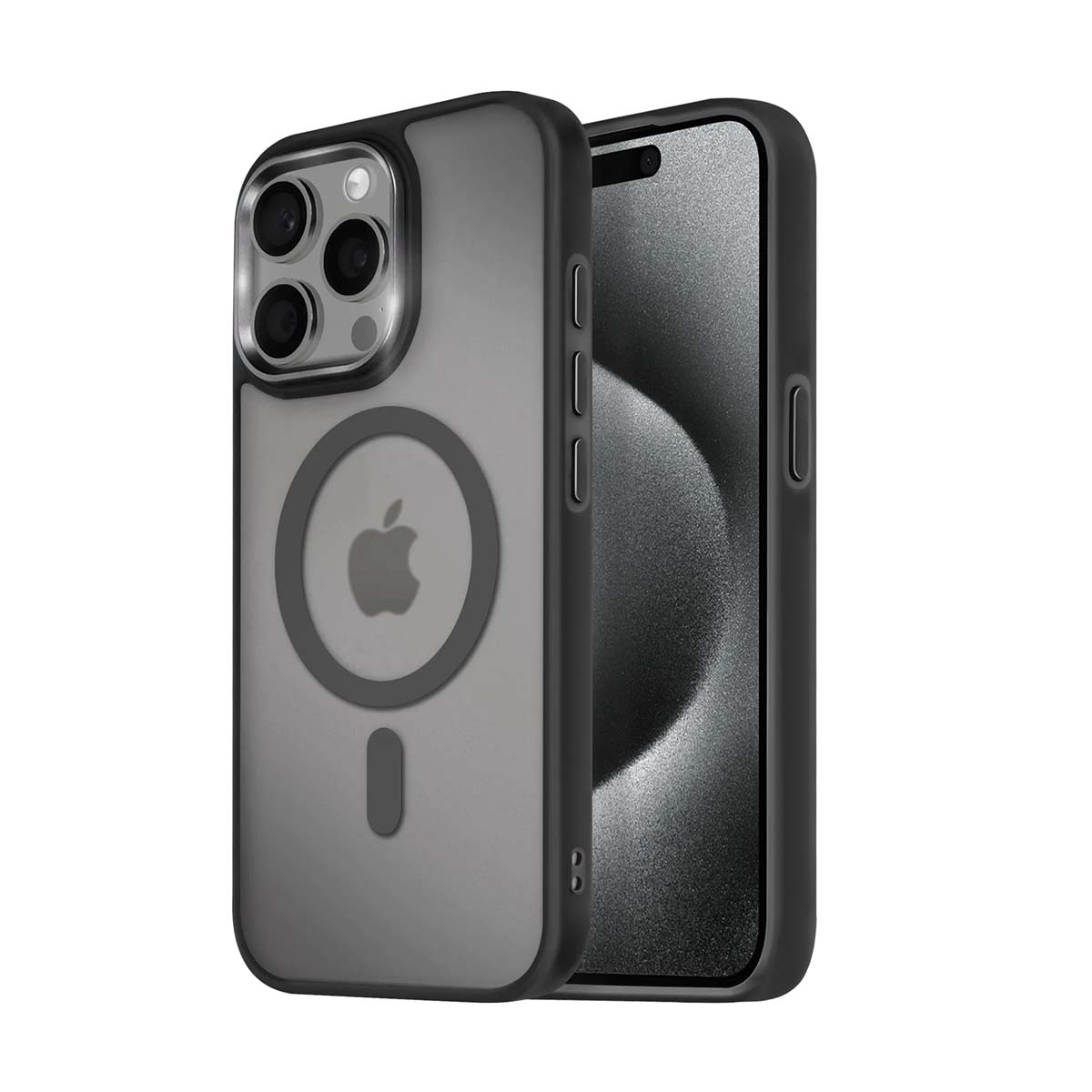 Ein schwarzer iPhone-Hülle mit MagSafe und einem Apple-Logo liegt neben einem iPhone.