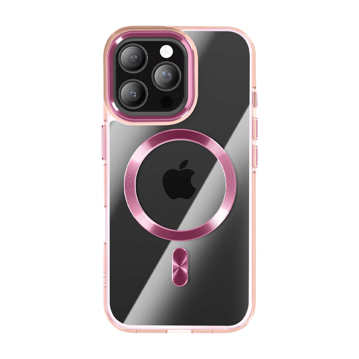 Durchsichtige Hülle mit roségoldenem Rand für iPhone, zeigt Apple-Logo.