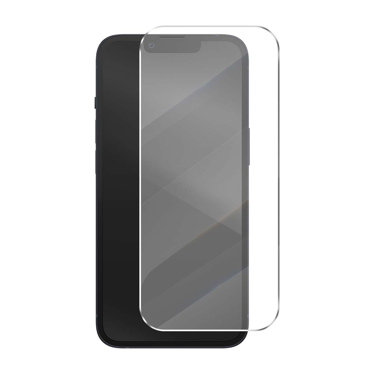 Ein schwarzes Smartphone mit einer Displayschutzfolie, die leicht versetzt darauf liegt.
