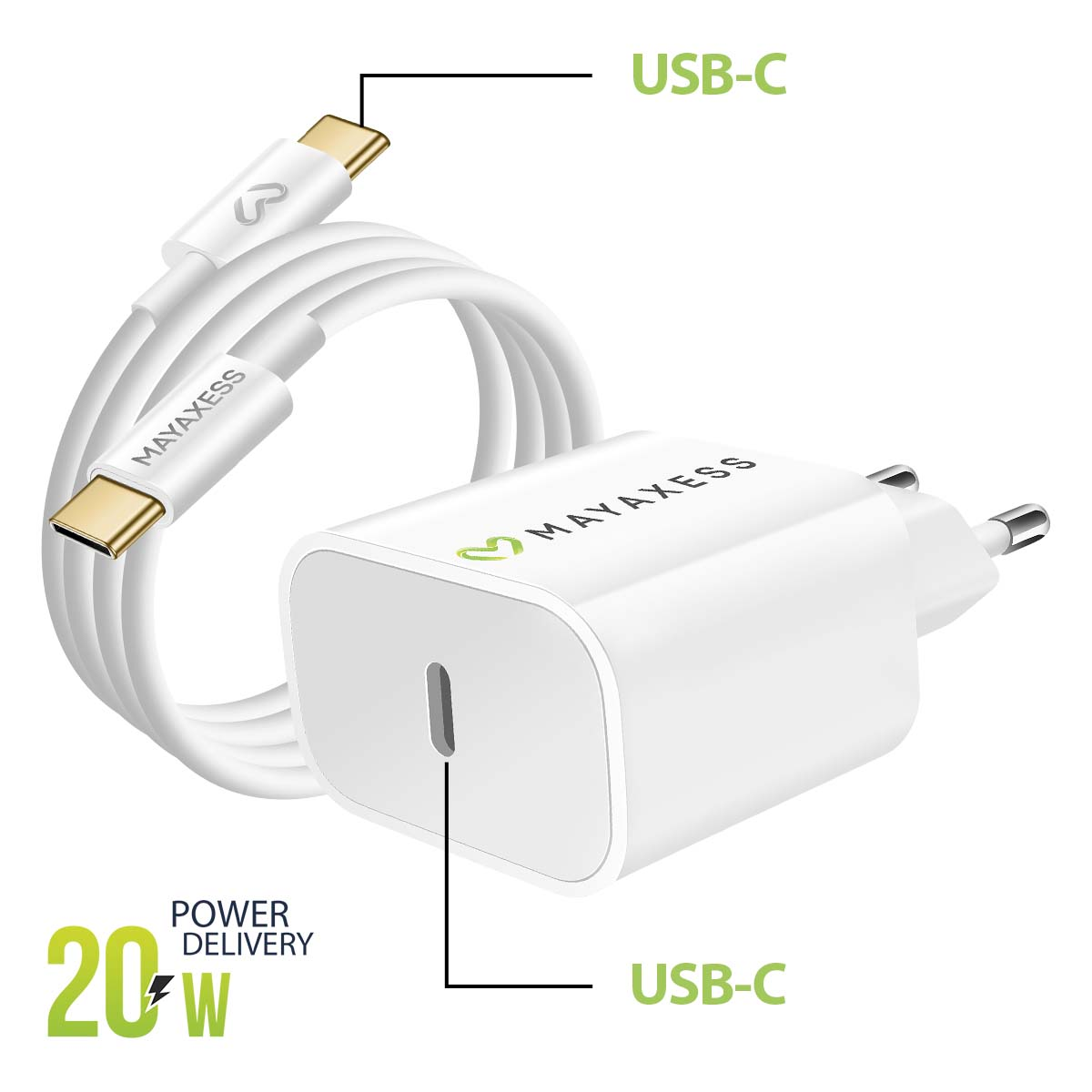Un cargador y cable USB-C blanco con 20W de Power Delivery.