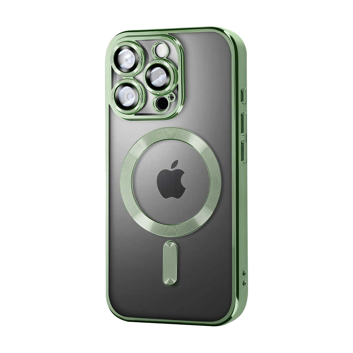 Funda verde para iPhone con conjunto de cámaras y logo de Apple.