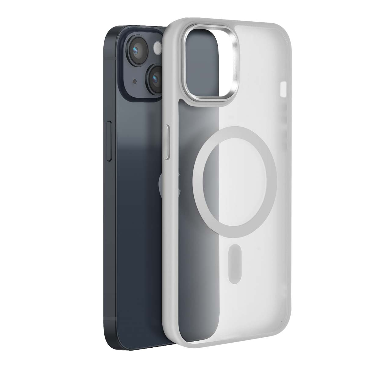 Un smartphone oscuro con una funda transparente con anillo magnético.